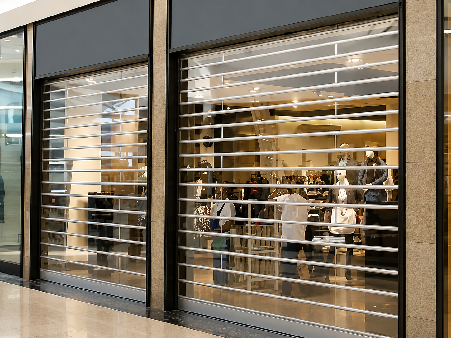 Polycarbonate shutter installed at commercial entrance — front elevation view